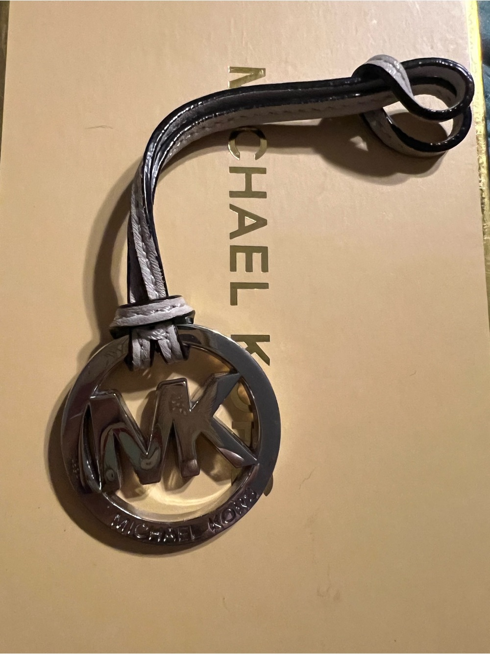 Michael Kors Silver MK Logo Leather Bag Charm with Gray Strap